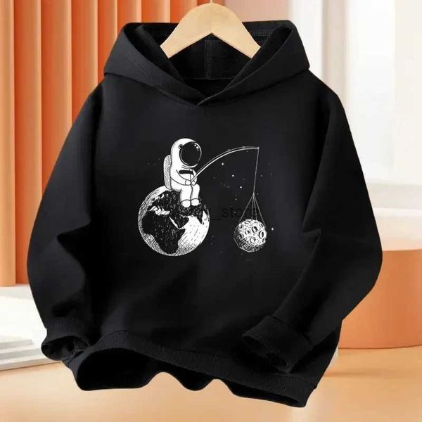 Pullover Ragazzi 3-14 anni Cartoon Spazio Astronauta Pesca La Luna Felpa con cappuccio a maniche lunghe Bambini Divertenti Top Bambini Cappotto di base in cotoneL231215