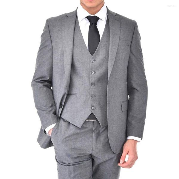 Herrenanzüge Graue Männer Slim Fit Revers Zwei Knöpfe 3 Stück Formelle Bräutigamkleidung Hochzeit Smoking Blazer Weste Hosen Kostüm Homme