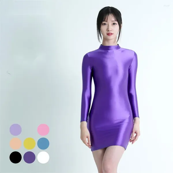 Costume da bagno da donna MJINM Olio lucido Pacchetto brillante Abito sexy sull'anca Abito in seta elasticizzata in un solo passaggio Collo alto Manica lunga attillato