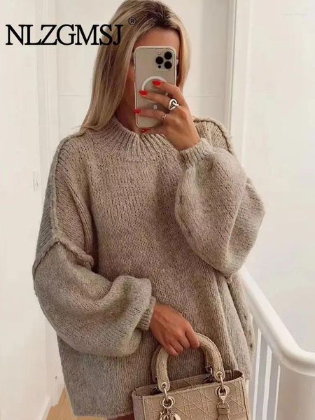 Kadın Sweaters 2024 Sonbahar Zarif Süveter Kadınlar Gevşek Uzun Fener Kollu O yakalı dişi Örme Külot Kalın Soath Lady