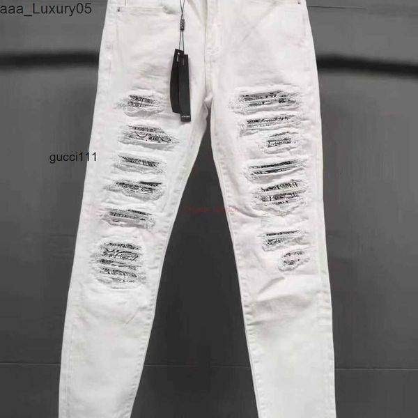 Patch Amari Amirl Amirlies Am Amis Imiri Amiiri AM Designer Roupas Es Jeans Flor Denim Calças 843 Jeans Branco Mens Rasgado Caju Es Trendy High Street Slim Fitti Q2W1