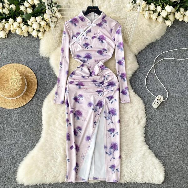 Abiti casual Abito cheongsam moderno 2023 manica lunga Qipao cinese tradizionale aderente stampa nodo bottone un pezzo spacco laterale abiti