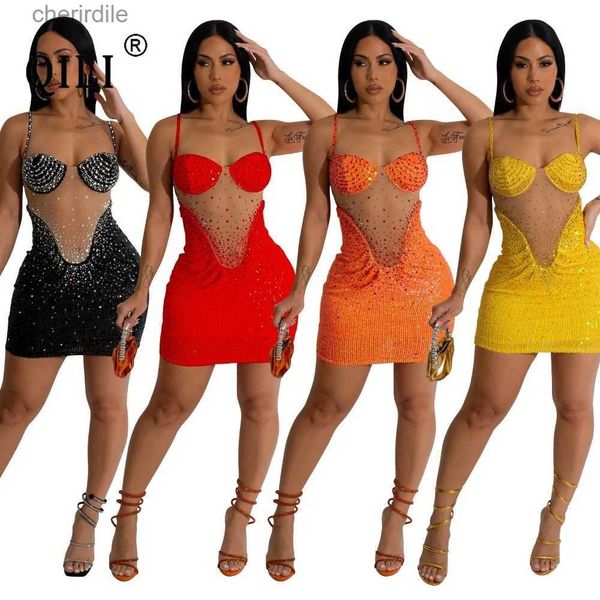 Grundlegende Freizeitkleider QILI-Damen-Minikleid mit Strass und Pailletten, durchsichtiges Netz, heißer Riemen, Nachtclub, sexy YQ231219