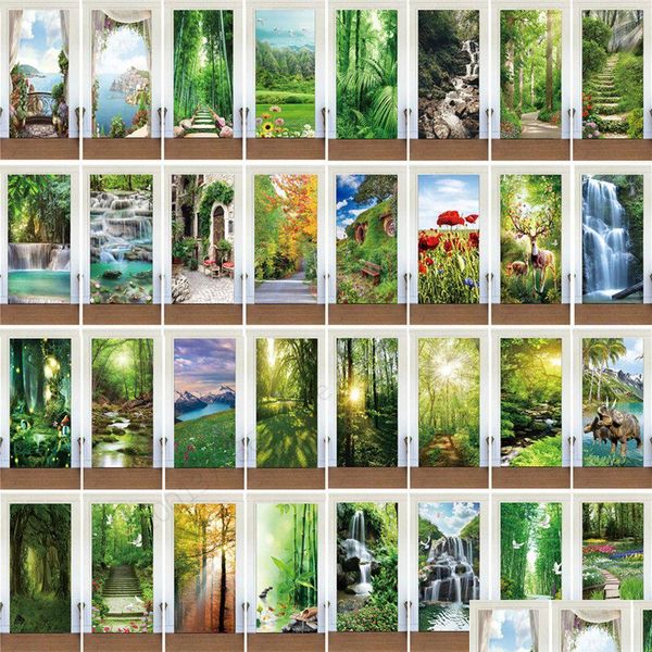 Наклейки на стену «Солнечный лес» Наклейка на дверь Фреска Er Клей ПВХ Природный пейзаж Po Обои Шкаф Холодильник Ремонт Homefavor Dhn3H