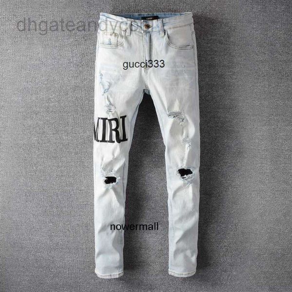 вышивка amari amirl amirlies am amis imiri amiiri эластичные джинсовые джинсы дизайнерские брюки с дырками мужские корейские модные AM RIs микро мужские буквы хорошая тонкая версия larg 0W9J