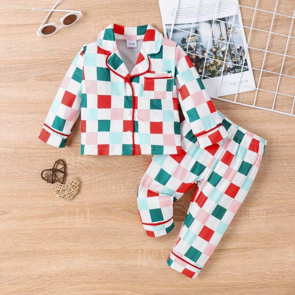 Kleidungssets Herbst Kinder Kleinkind Jungen Mädchen Frühling Pyjamas Plaid Print Langarm Revers Knopfverschluss Tops Elastische Taille Hosen Nachtwäsche