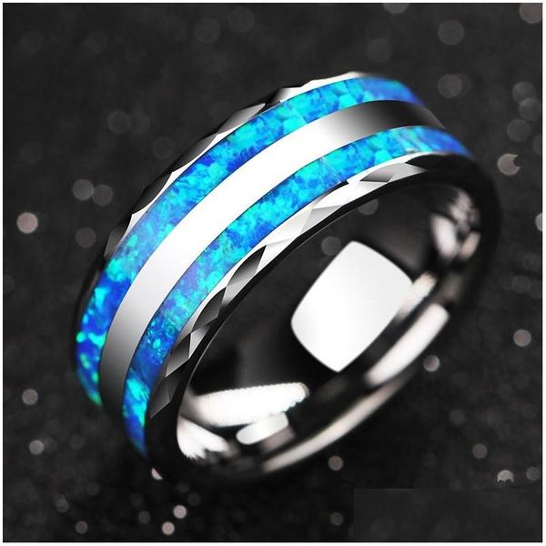 Обручальные кольца Обручальные кольца 8 мм Мужские кольца из нержавеющей стали с инкрустацией из синего опала с фаской Eage Colorf Abalone Shell Мужчины Bandwedding Drop Dhgfq
