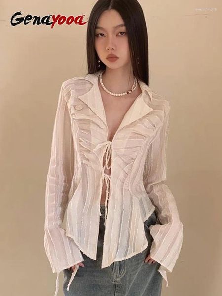 Damenblusen Genayooa Fairycore Lace Up Bluse Frauen Langarm Frühling 2023 Umlegekragen Hemd Damen Tops Koreanische Mode