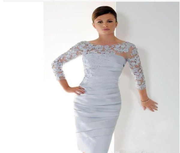 Серебряные короткие кружевные платья для матери невесты с овальным вырезом и аппликацией со складками длиной до колена 34, с длинными рукавами, вечерние платья73186129