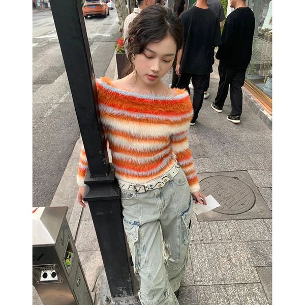 Suéteres femininos Harajuku Cashmere Top Mulheres Arco-íris Listrado Manga Longa Pulôveres de Malha Outono Inverno Suéter Coreano Solto Moda Japonesa 231218