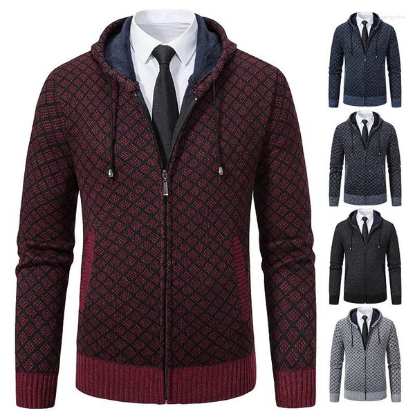 Giacche da uomo Giacca in maglia maschile Maglione invernale freddo Cappotto in peluche Cardigan con cerniera intera Felpa con cappuccio in pile Capispalla spesso Cappotto scozzese da uomo