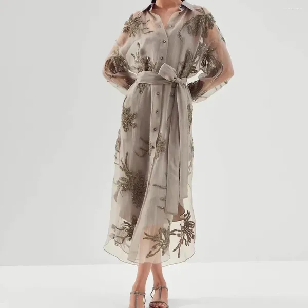 Casual Kleider 2023 High-End-Frauen Elegante Seide Handgemachte 3D Floral Pailletten Stickerei Kleid Top Qualität Dame Langarm mit Gürtel