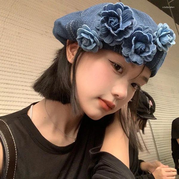 Beralar Japon Niş Çiçek Denim Beret Kapağı Kadın İlkbahar ve Sonbahar Retro Moda Ressam Şapkası Kız Beanie Sekizgen Şapkalar Casquette