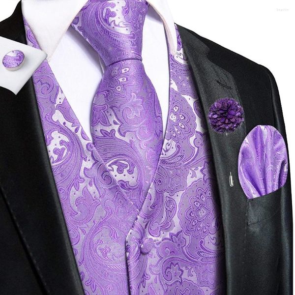 Coletes masculinos Hi-Tie Elegante Roxo Mens Silk Paisley Colete Gravata Hanky Cufflinks Broche Set para Casamento Masculino Formal Business Designer