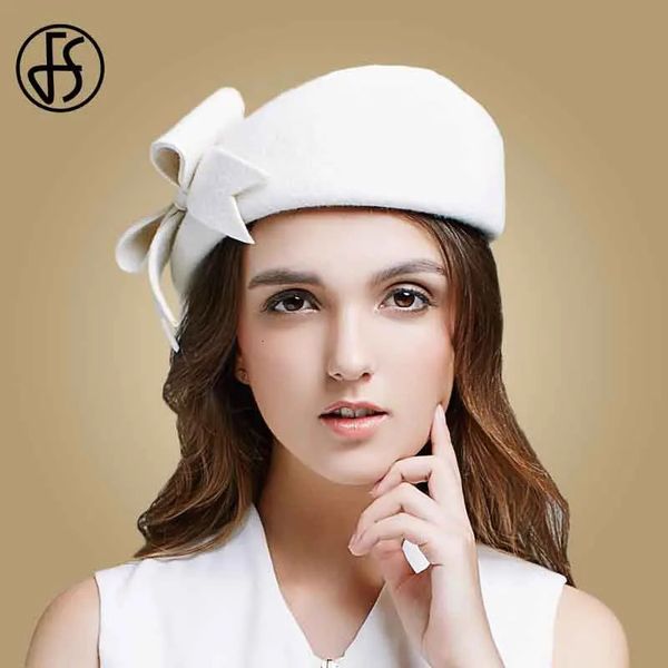 Cimri ağzı şapkalar fs bayan siyah beyaz yün fransız bere şapka kadınlar için sonbahar kış vintage fascinator bowknot düz ağzı fedora şapkaları 231218