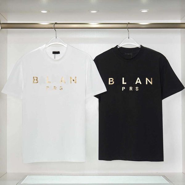 Designer de luxo balans clássico 2023 nova manga curta camiseta para homem e mulher, puro algodão ouro metal impressão solta casual topo