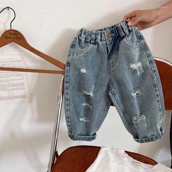 Pantaloni per bambini 2023 Autunno Ragazzi e ragazze Jeans strappati tinta unita Pantaloni larghi per bambini