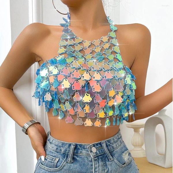 Serbatoi da donna Paillettes Laser Top da donna Summer Backless Halter Crop Night CLub Party Rave Tank Shiny Cropped 2023