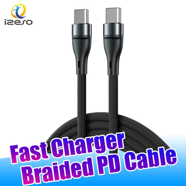 Cabo PD trançado de 20 W USB C para USB-C Cabos 3 pés Duráveis Cabos de dados de carregamento super rápido para iPhone 15 14 12 Samsung Android Phones izeso