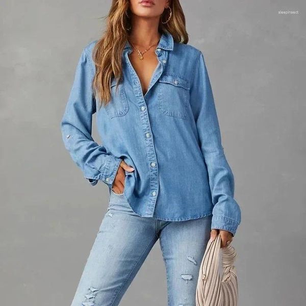 Kadınlar bluzlar vintage basit mavi kot gömlek kadınlar sonbahar düğmesi cep tepeleri sokak kıyafetleri sıradan bir şekilde aşağı yakalama 30085