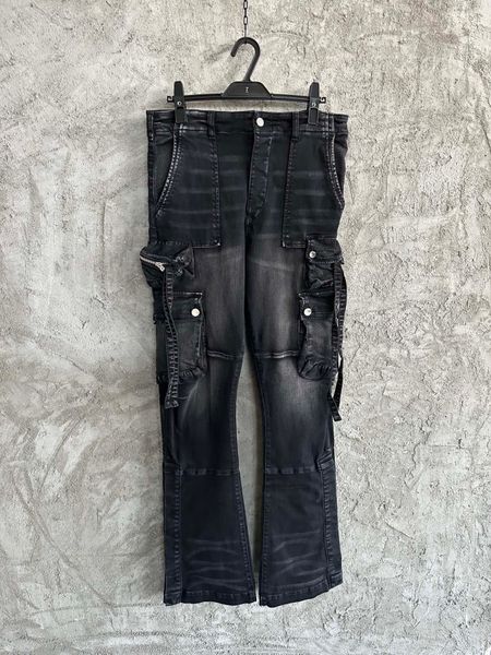 Высококачественные брендовые мужские джинсы, модные черные джинсы-карго с несколькими карманами и строчкой, высококачественные мужские прямые повседневные джинсы