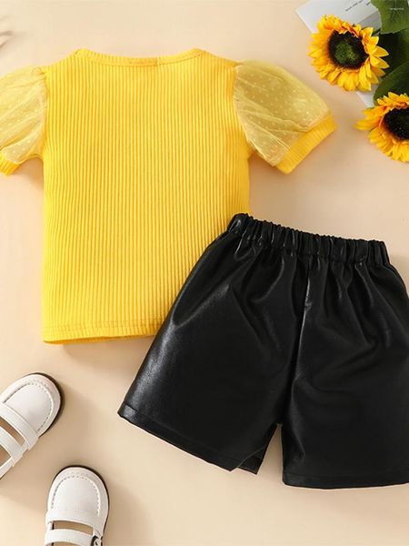 Set Abbigliamento ZZLBUF Bambina 2 Pezzi Completi Estivi Maglia Manica Corta a Coste Top Pantaloncini in Pelle Set Abbigliamento per Bambini (Giallo 2-3 Anni)