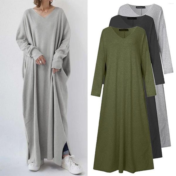 Vestidos casuais mulheres outono e inverno moda 2023 algodão linho cor sólida solta manga comprida vestido de malha top para mulheres