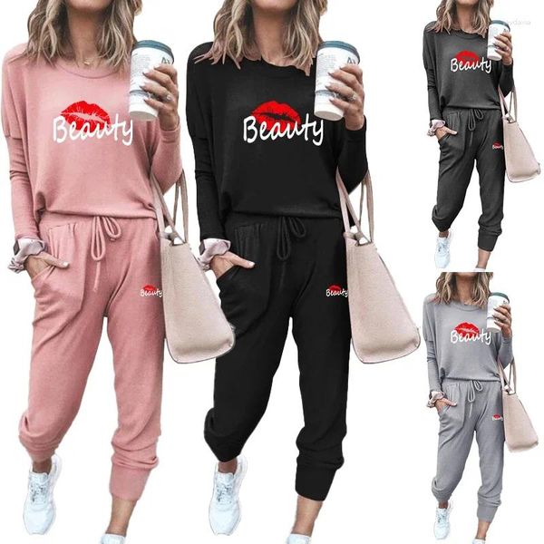 Calças femininas de duas peças primavera outono feminino diário casa wear ternos jogger treino mangas compridas em torno do pescoço roupas esportivas conjunto de 2 peças para