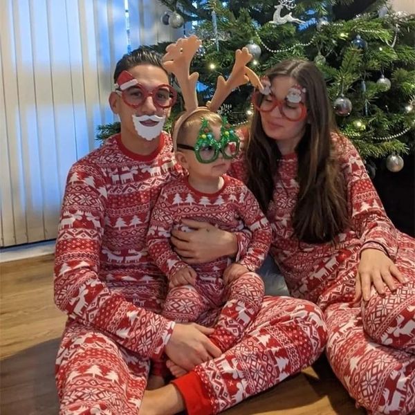 Roupas família combinando roupas mãe pai crianças natal combinando pijamas conjunto elk padrão casual solto 2 peças terno bebê macacão natal