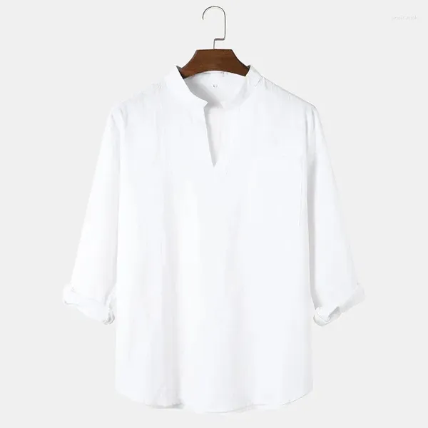Camisas casuais masculinas de linho manga longa com decote em v camisa de algodão branco blusas oversize com decote em v botão t vintage harajuku verão blusas masculinas