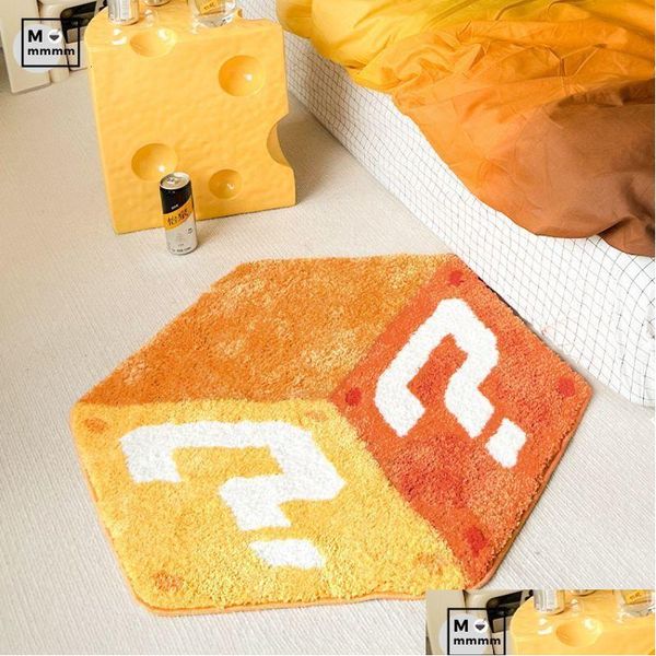 Teppiche 3D-Irregar-Plüsch-Nachttischteppich, gelber Tufting-Teppich, Fragezeichen, Würfel, getufteter Akzent, flauschiges Schlafzimmer neben Spielmatten, Homefavor Dh5P6