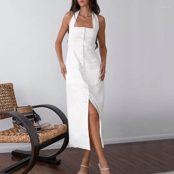 Vestidos Casuais Mulheres Francesas Vestido de Algodão Branco Halter Pescoço Botão Único Brested Chic Elegante OL 2023 Feminino Longo