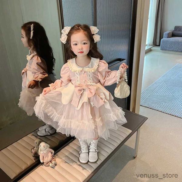 Abiti da ragazza Lolita Primavera Autunno Vestiti per ragazze 2023 Nuovi bambini Principessa Manica lunga Abito rosa Arco Puffy Moda Abiti in tulle per bambini