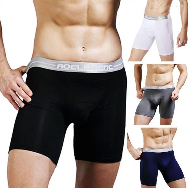 Underpants respirável homens roupa interior shorts briefs homens longo perna esporte com u-convexo bolsa carta impressão emenda para ativo