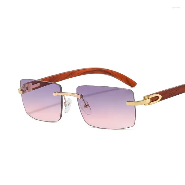 Óculos de sol moda sem aro steampunk frameless óculos de olho de grão de madeira retângulo gafas gradiente tons óculos