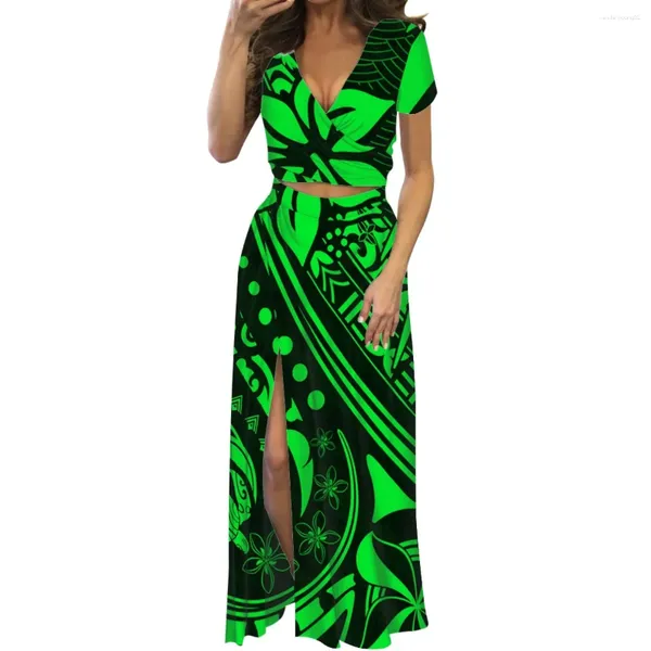 Бальные платья HYCOOL-Двухсекционное платье макси для женщин Зеленый цветочный принт с v-образным вырезом и коротким рукавом Сексуальное модное лето 2023