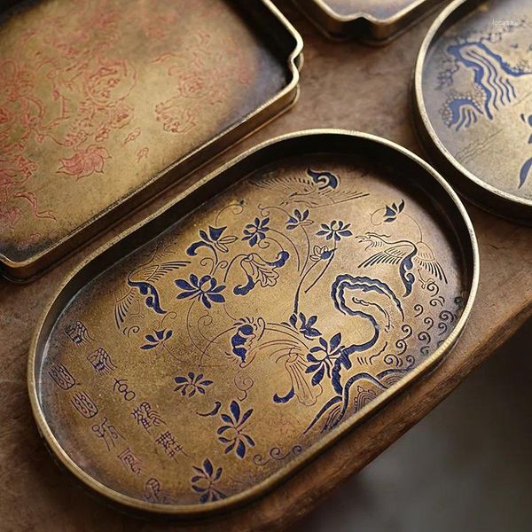 Bandejas de chá imitação de bronze, bule de latão pintado para placa antiga, bandeja de corte de vedação manual