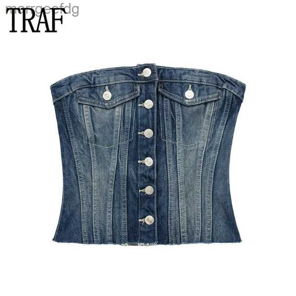 Camicette da donna Camicie TRAF 2023 Corsetto di jeans Top femminile con spalle scoperte Top corto da donna Blu Top senza schienale per donna Top bustier estivo sfilacciato Donna YQ231219