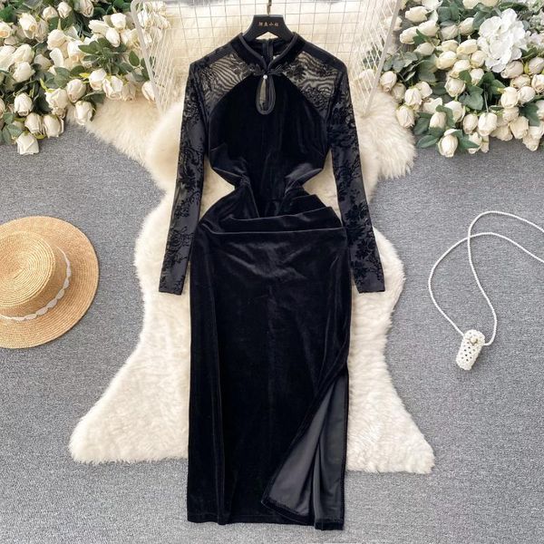 Casual Kleider Patchwork Cheongsam Vintage Kleid Chinesische Mesh Samt Bodycon Langarm Blumendruck Aushöhlen Vrstido Drop