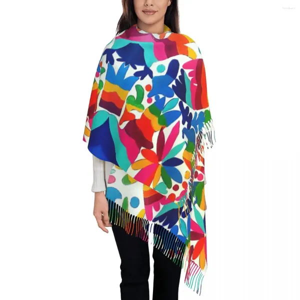 Lenços lenço feminino com borla mexicano otomi cores longo inverno outono xale envoltório pássaros textura presentes cashmere