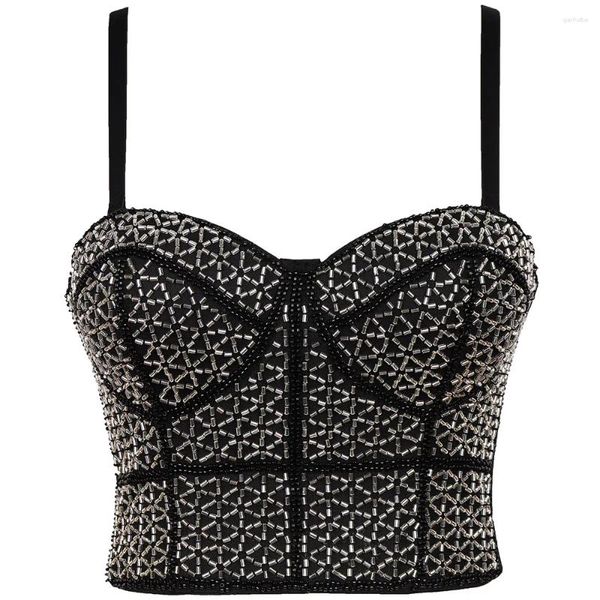 Canotte da donna Top da donna Canotta con perline da ballo Costruire in reggiseno Bustier nero Corsetto Top Hook Eye Indumenti da notte per le signore Costumi di scena