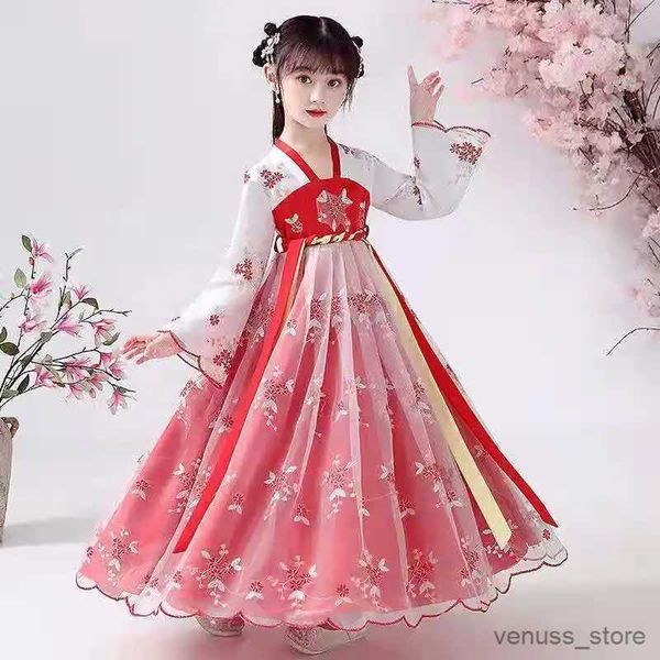 Mädchenkleider Neues Hanfu-Mädchen-Frühlings- und Herbst-Kinderkostümkleid 3-12 Jahre altes Mädchen Kirschblüten-Prinzessinkleid im chinesischen Stil Kind