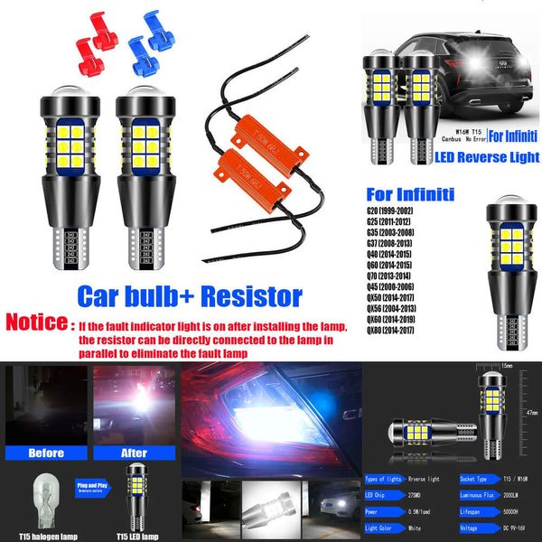 Новые декоративные светильники 2PCS T15 921 CANBUS LED Reverse Light 901 Bulb W16W Резервная лампа для Infiniti QX50 QX56 QX60 QX80 G20 G25 G35 G37 Q40 Q60 Q70 Q45