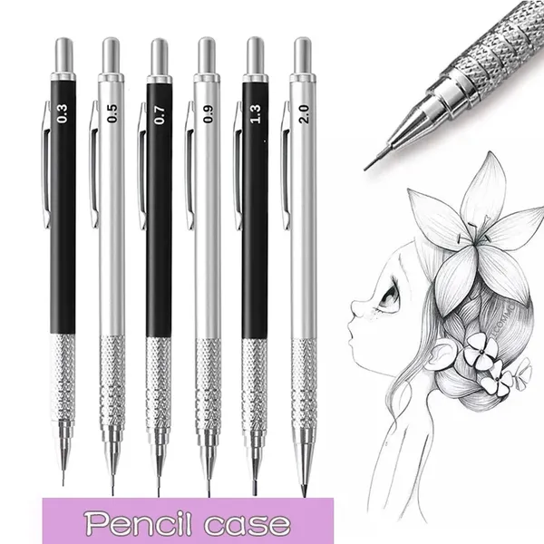 0.3 0.5 0.7 0.9 1.3 2.0mm Art Metalen Mechanische Pen Set Met Rubberen Rand Potlood Schets School kantoor Leveranties