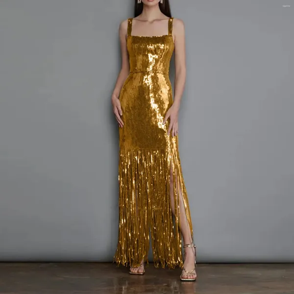 Casual Kleider Elegante Prom Luxus Spaghetti-trägern Promi Gold Pailletten Shinning Quaste Hochzeit Ballkleid Formale Weibliche Vestidos