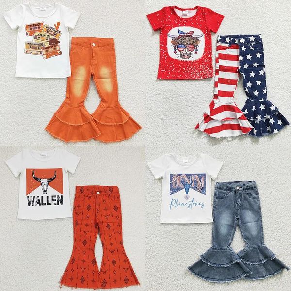 Sets neue Mode Kids Designer Kleidung Mädchen Jeans Sets Boutique Baby Girl Kleidung Kurzarm Denim Bell Bottom Outfits Großhandel bu