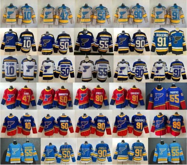 Hockey retrò ''Blues'' retrò 90 Maglia Ryan Oreilly 50 Binnington 55 Colton Parayko 10 Brayden Schenn 91 Vladimir Tarasenko 47 Torey Krug 14