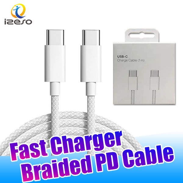 Cabo USB C de 60 W para Tipo C para iPhone 15 Novo cabo USB-C trançado com embalagem de varejo izeso