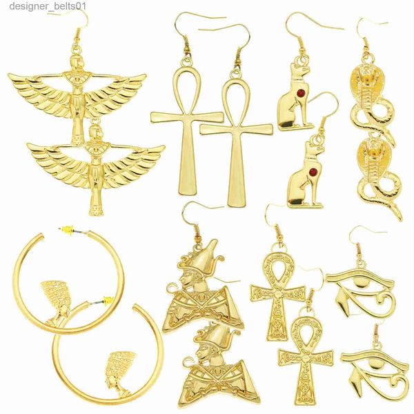 Legolone del lampadario Rechicgu Gold Vintage Gold Women Earring Ancient egiziano Queen Cross Ear Cored Curcrop Gioielli Amuleto Goccia Dangle Giftl231219