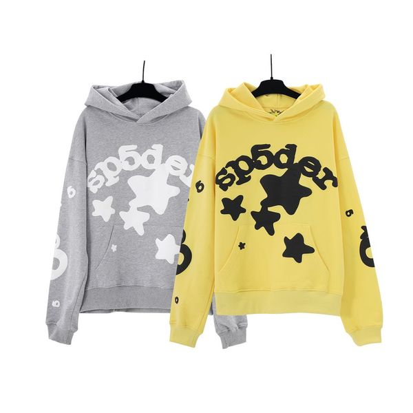 Spot Sp5der Spider Web BELUGA Big Star Foam Logo Grigio Giallo Maglione con cappuccio da uomo e da donna alla moda